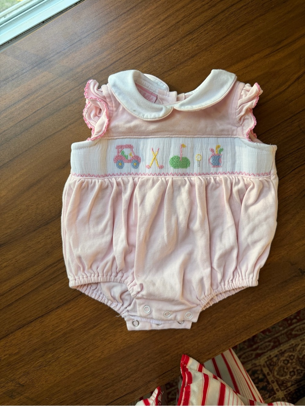 Baby Pink Smocked Romper with White Peter Pan Collar